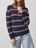 Striped Ribbed Knit Top with Keyhole Neckline