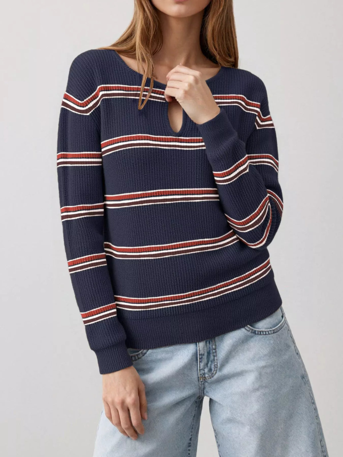 Striped Ribbed Knit Top with Keyhole Neckline