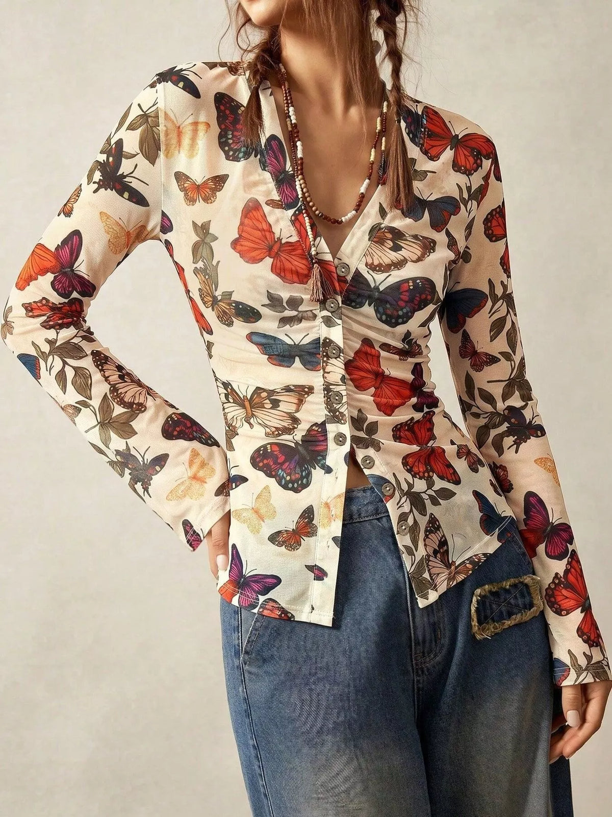 Butterfly Print V-Neck Button-Down Long Sleeve Shirt