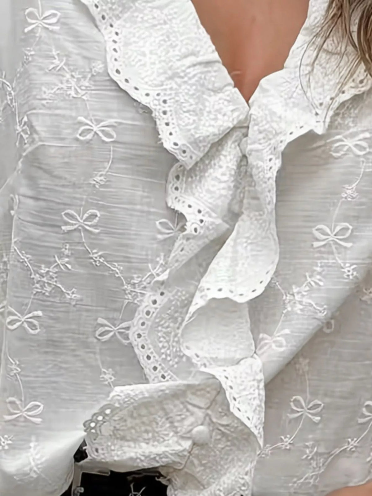 Bow Embroidered Ruffled V-Neck Blouse