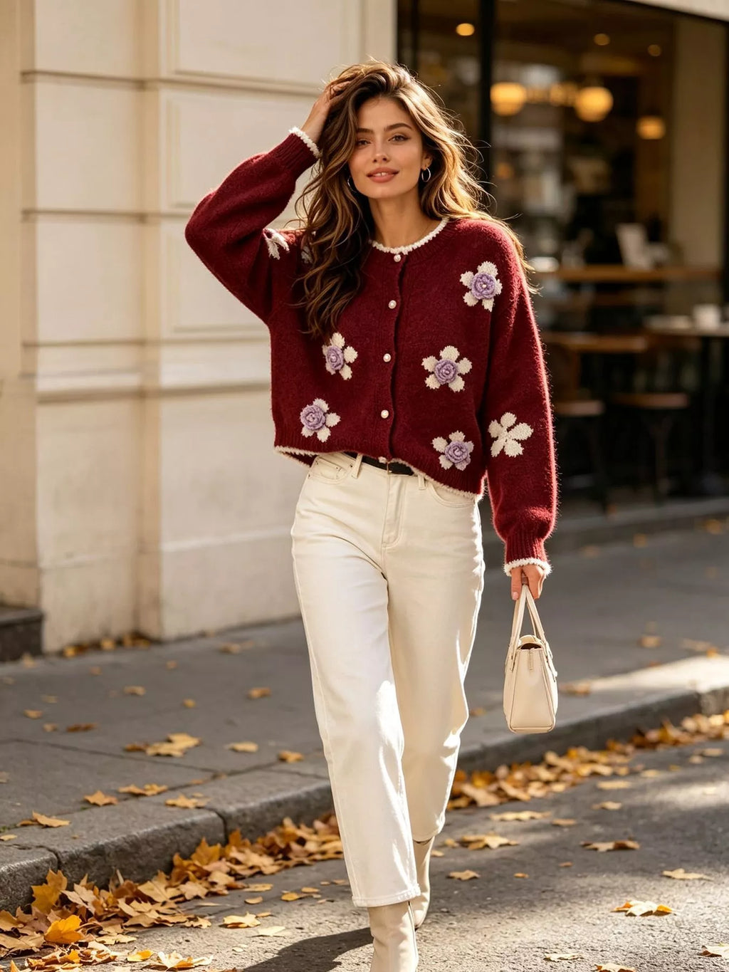 Floral Applique Button-Down Knit Cardigan