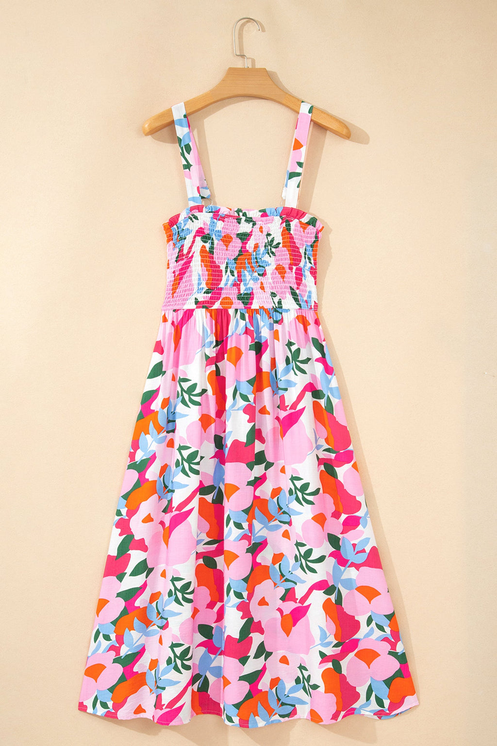 Pink Floral Print Adjustable Straps Smocked High Waist Sundress