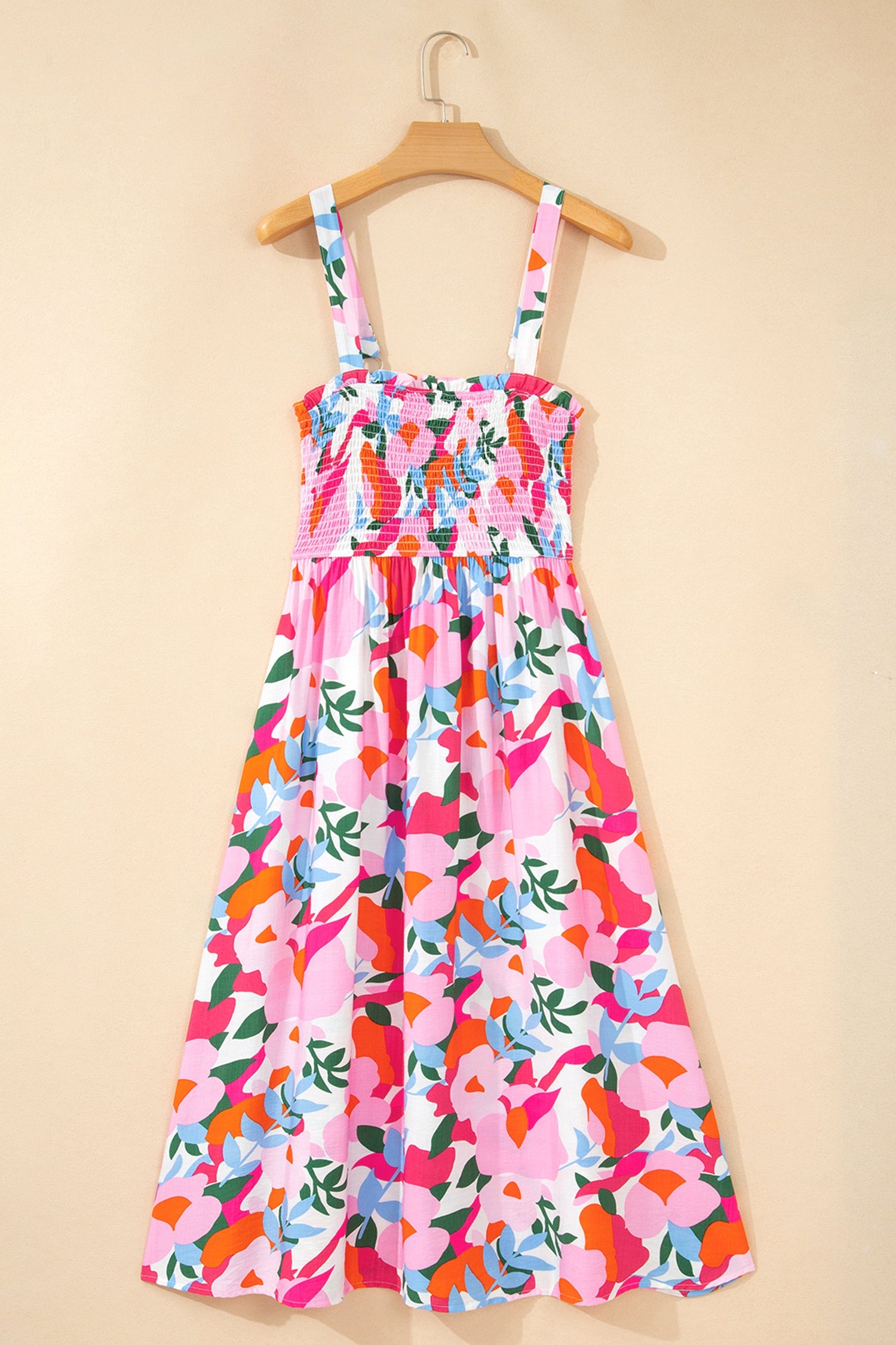 Pink Floral Print Adjustable Straps Smocked High Waist Sundress