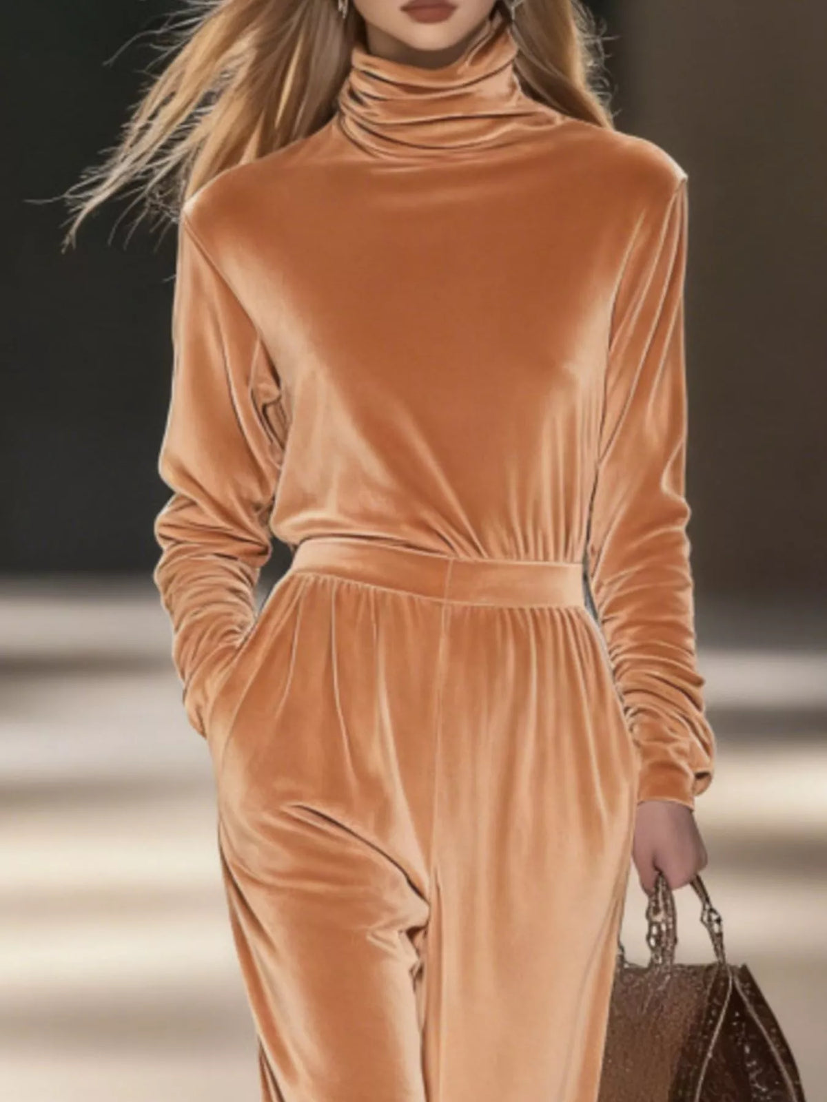 Full Size Velvet Turtleneck Long Sleeve Top and Wide-Leg Pants Set Plus Size