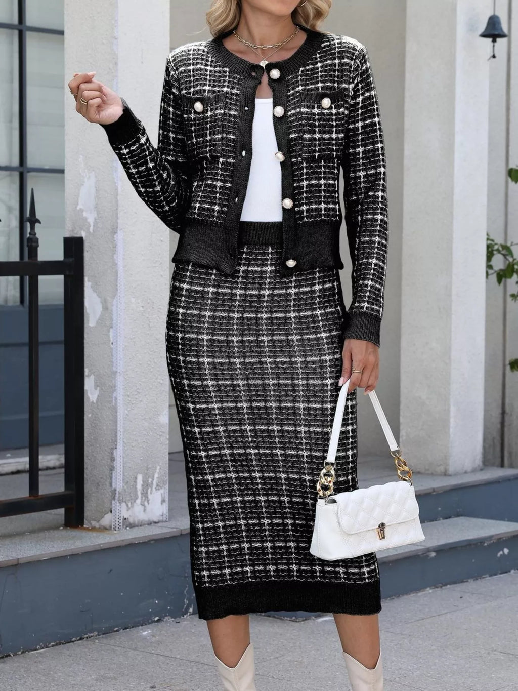 Plaid Knit Cardigan and Midi Skirt Sweater Set