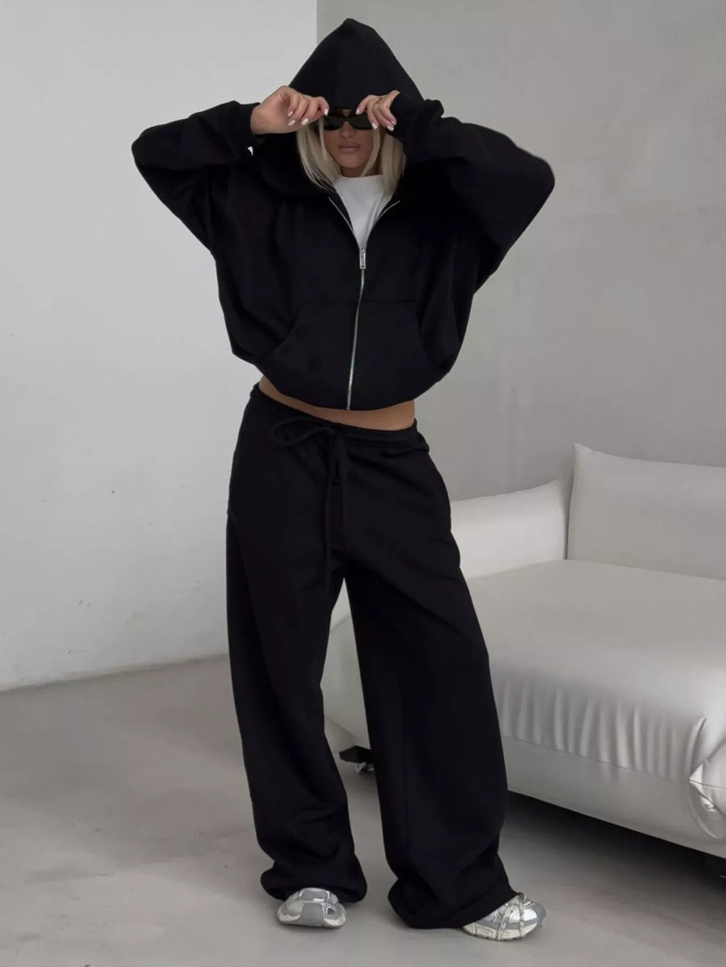 Casual Zip-Up Hoodie and Wide-Leg Sweatpants Set