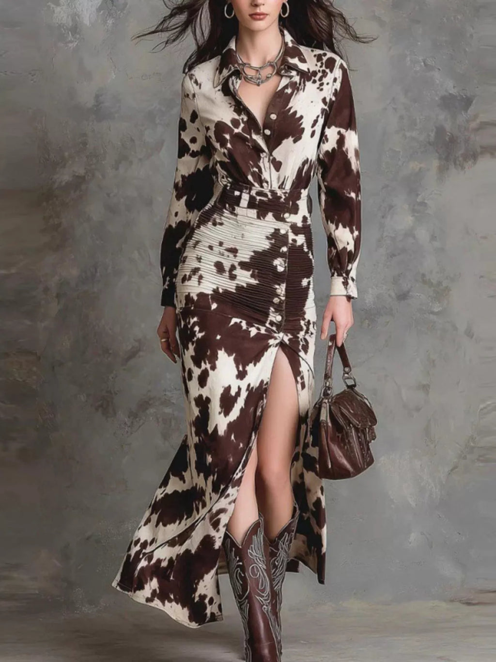 Cow Print Ruched Slit Shirt Maxi Dress
