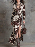 Cow Print Ruched Slit Shirt Maxi Dress