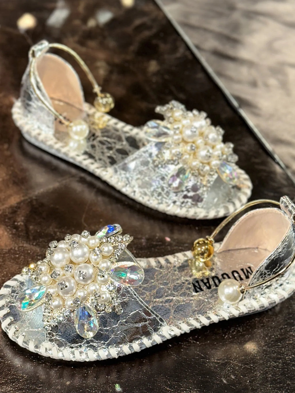 Pearl Crystal Embellished Flat Sandals