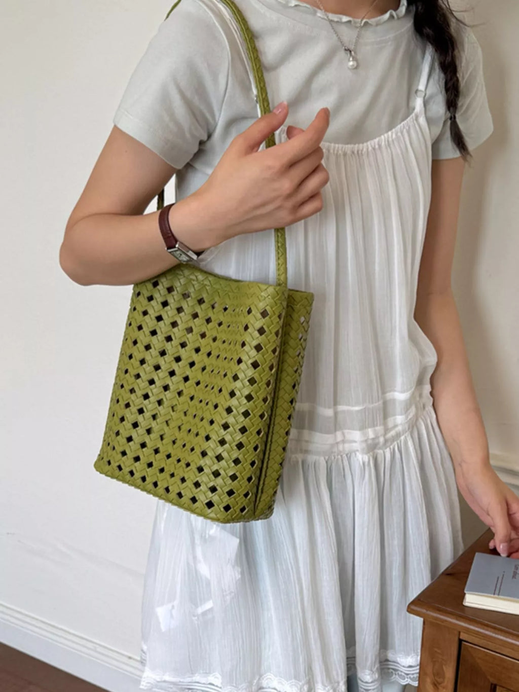 Woven Leather Handbag with Matching Pouch