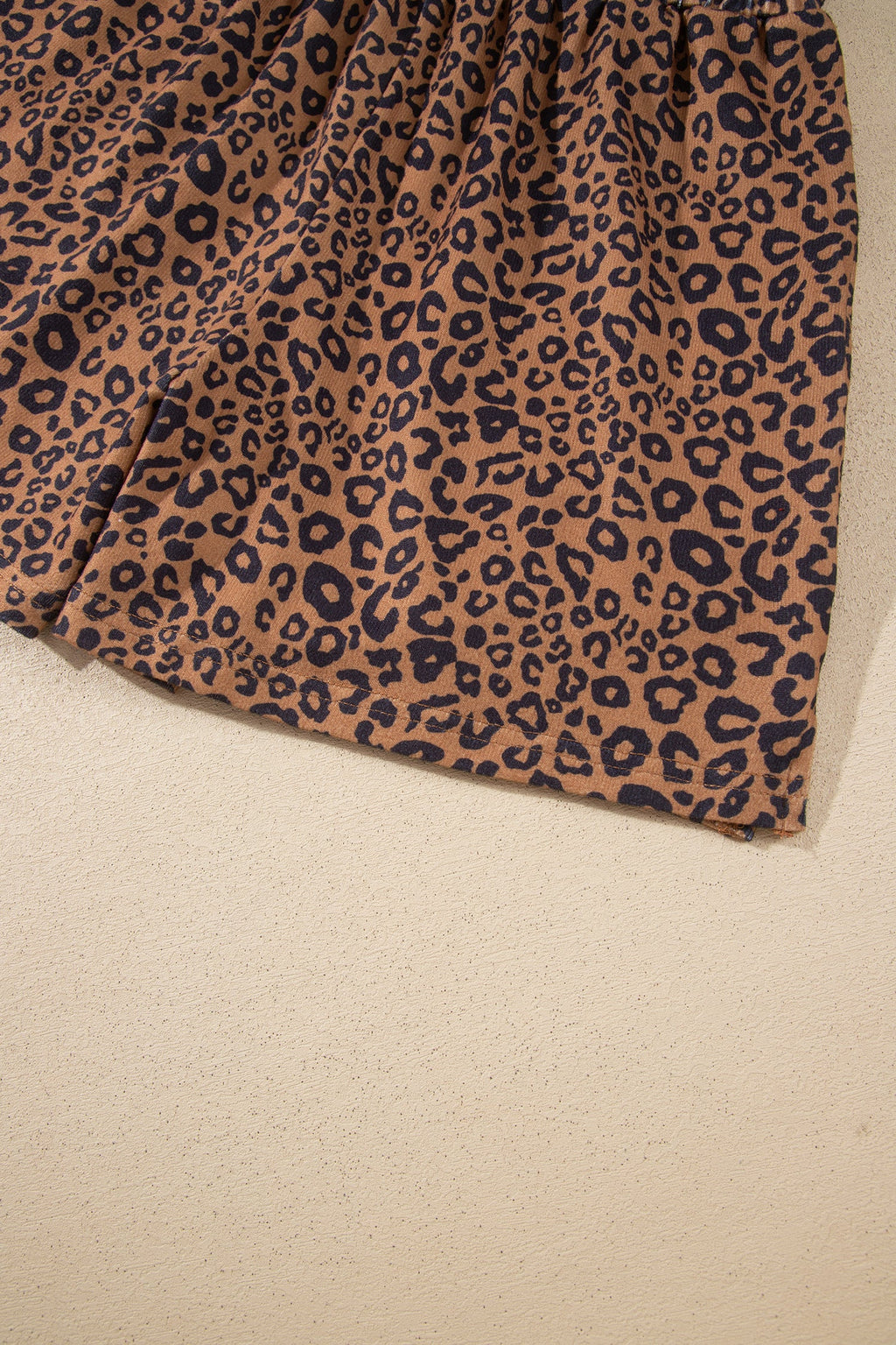 Brown Leopard Print Long Sleeve Henley Top Elastic Waist Shorts 2pcs Outfit