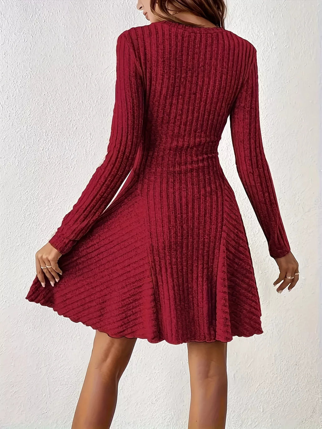 V-Neck Ribbed Knit Flared Knit Dress