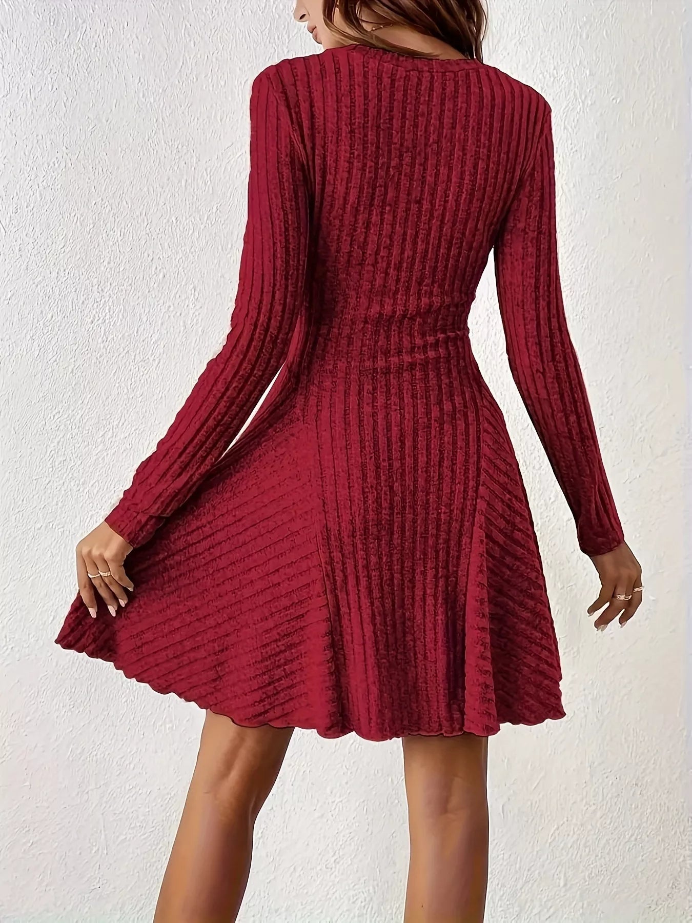 V-Neck Ribbed Knit Flared Knit Dress