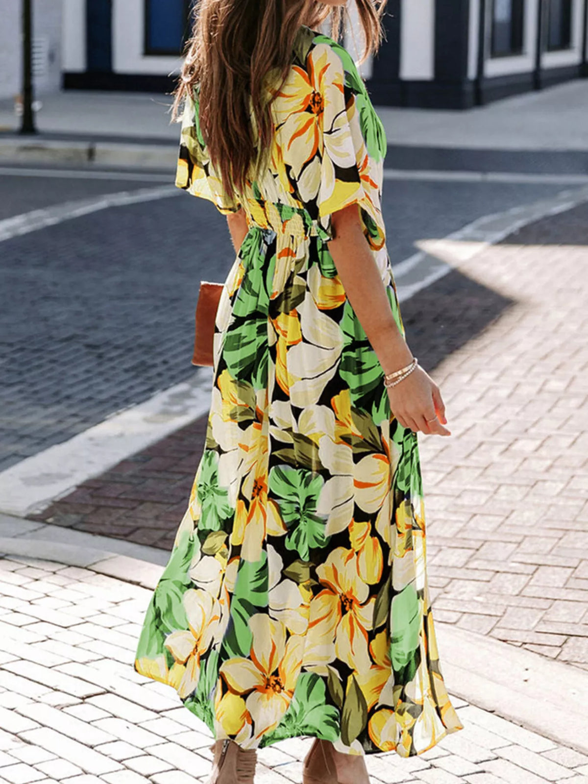 Floral Print V-Neck High Slit Maxi Dress
