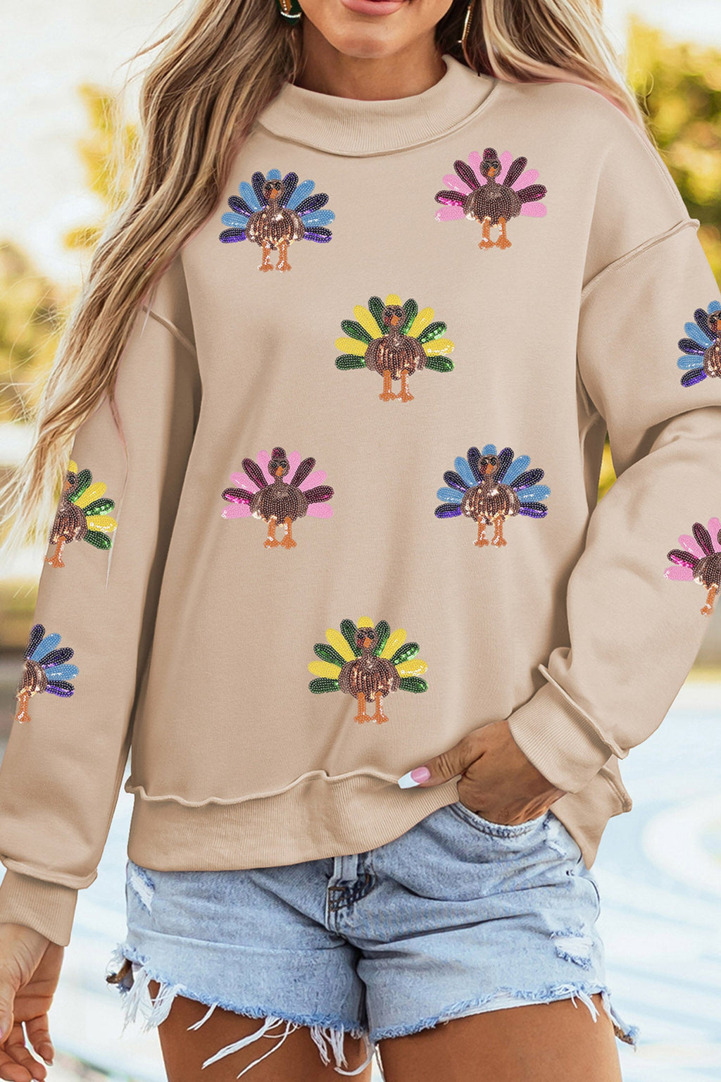 Apricot Sequined Turkey Exposed Seam Thanksgiving Graphic Sweatshirt