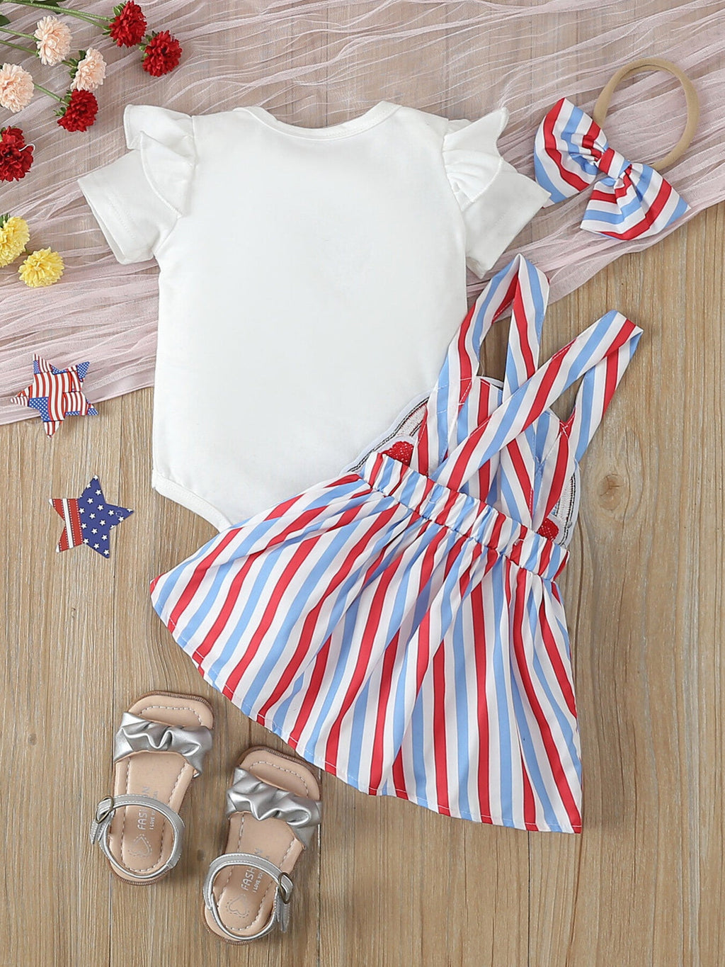Children's Ruffled Bodysuit & Patriotic USA Overall Dress & Headband Set