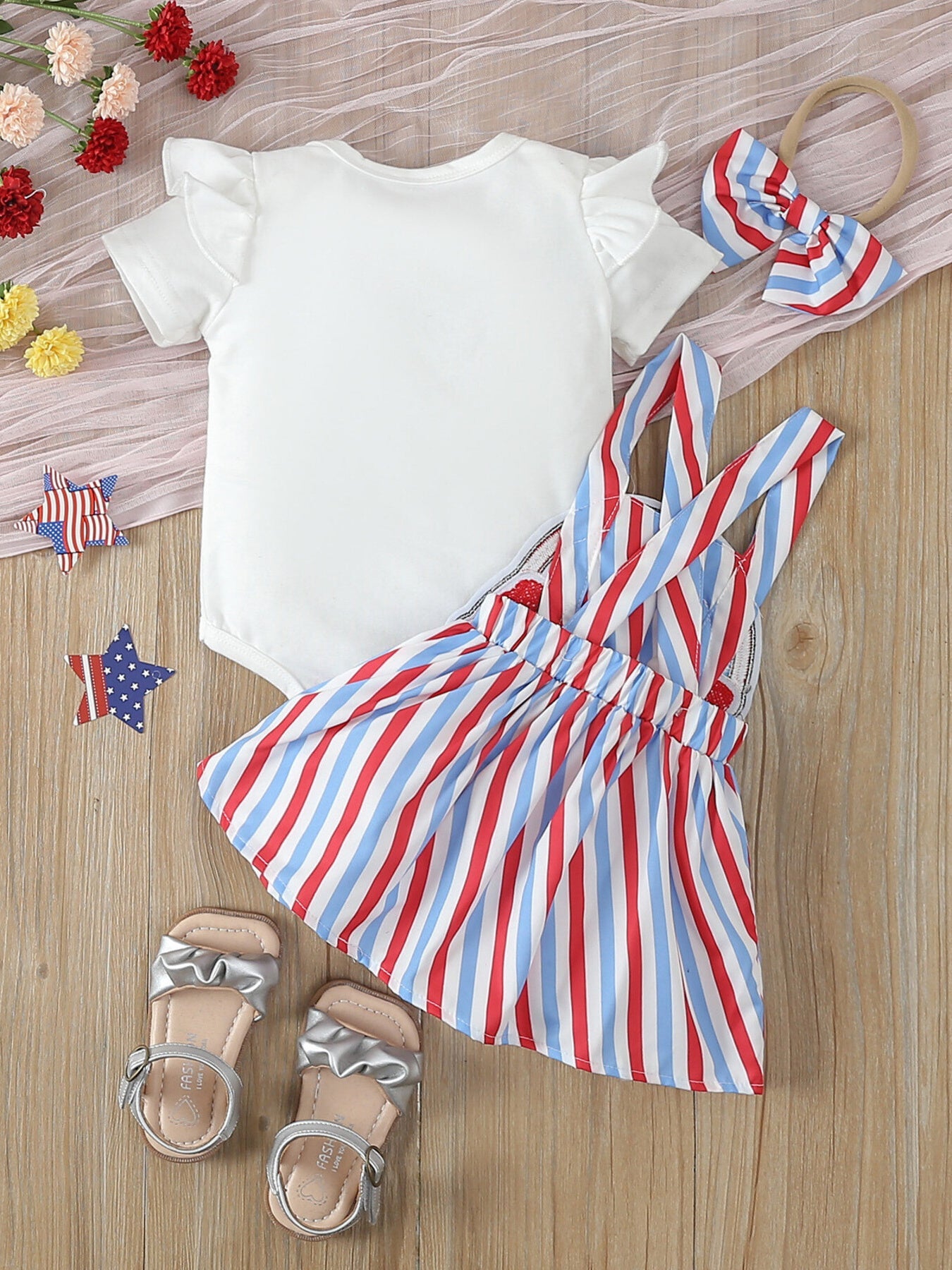 Children's Ruffled Bodysuit & Patriotic USA Overall Dress & Headband Set