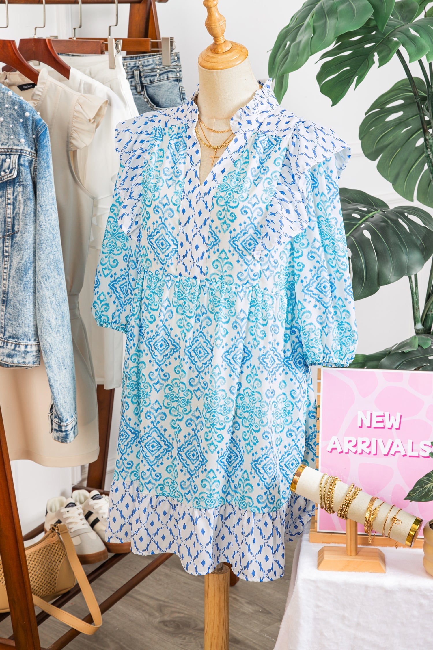 Sky Blue Boho Floral Geometric Patchwork Ruffle Detail Puff Sleeve Mini Dress