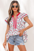 Red Sunflower Printed Contrast Trim V Neck Flutter Sleeve Blouse