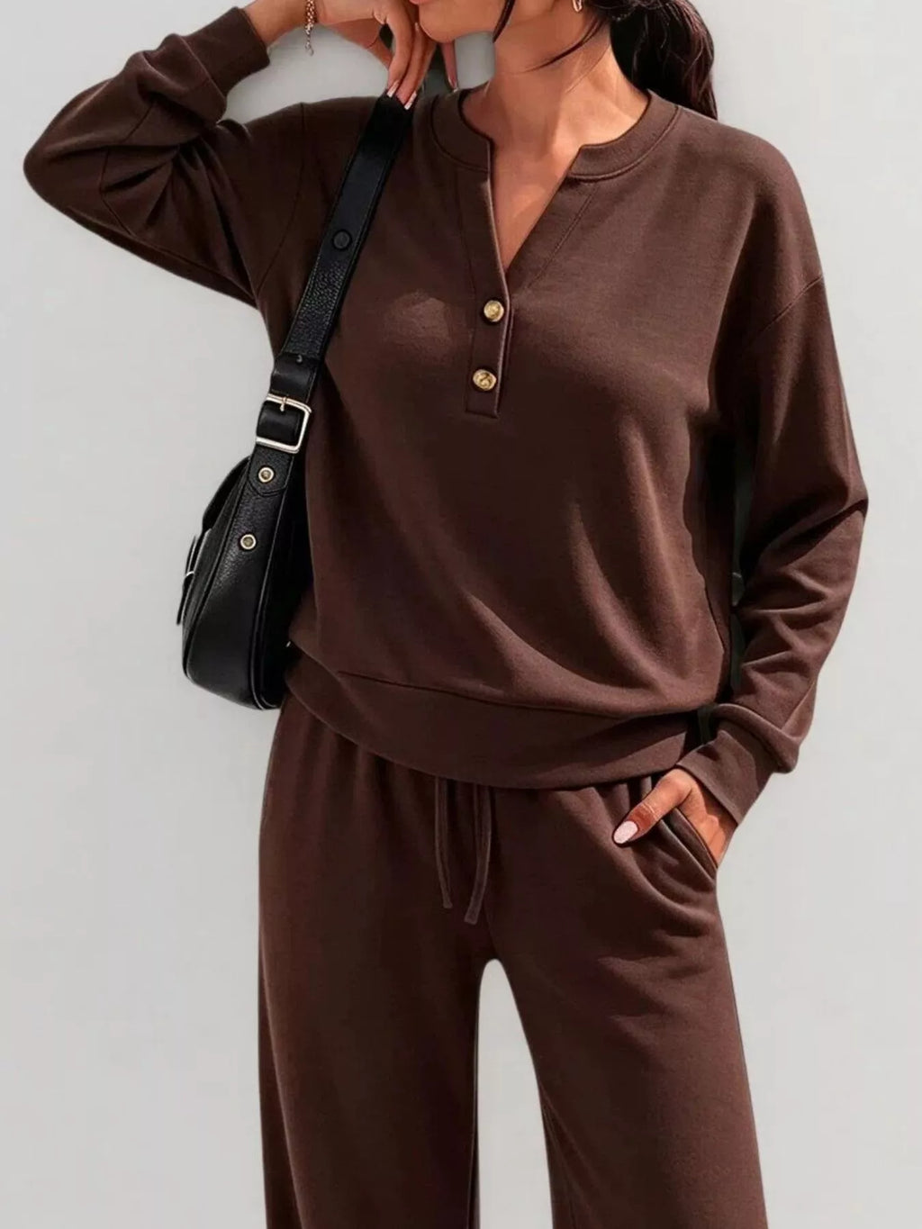 Button Detail Dropped Shoulder Top and Pants Set