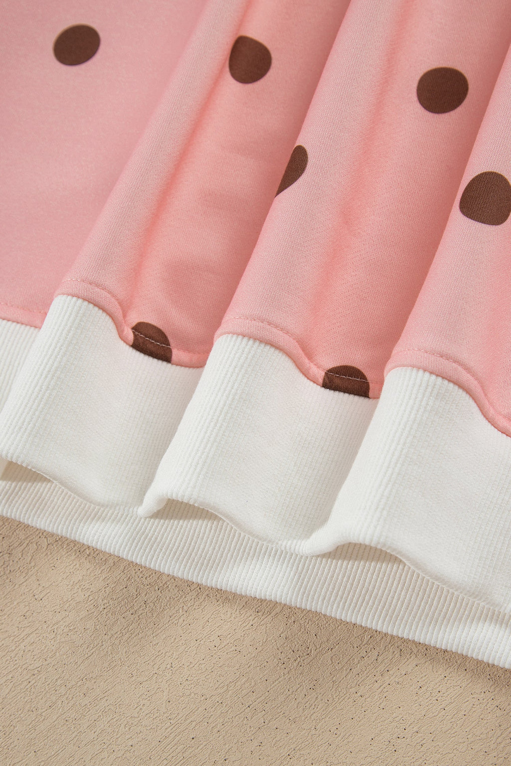 Brown Polka Dot Ribbed Trim Long Sleeve Top Casual Short Set