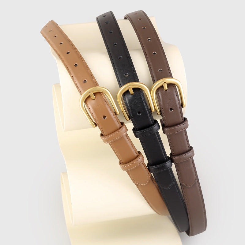 Skinny Leather Belt with Golden Buckle