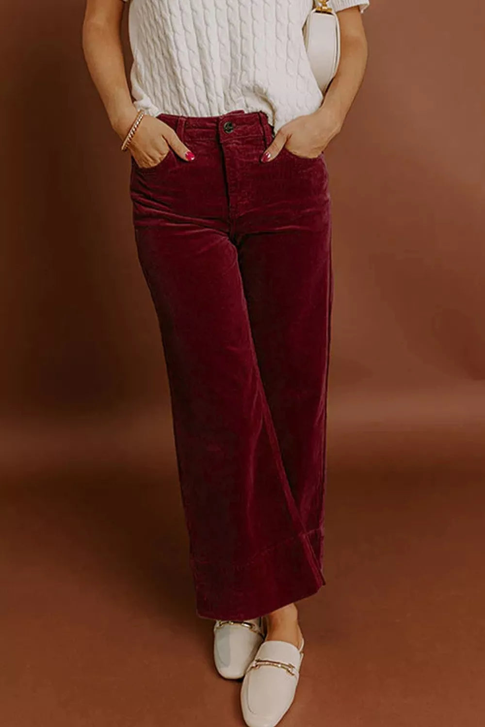 Corduroy Solid Color High Waist Wide Leg Pants