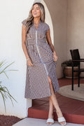 Coffee Plaid Print Full Zipper Cinched Waist Fit Flare Sleeveless Maxi Dress