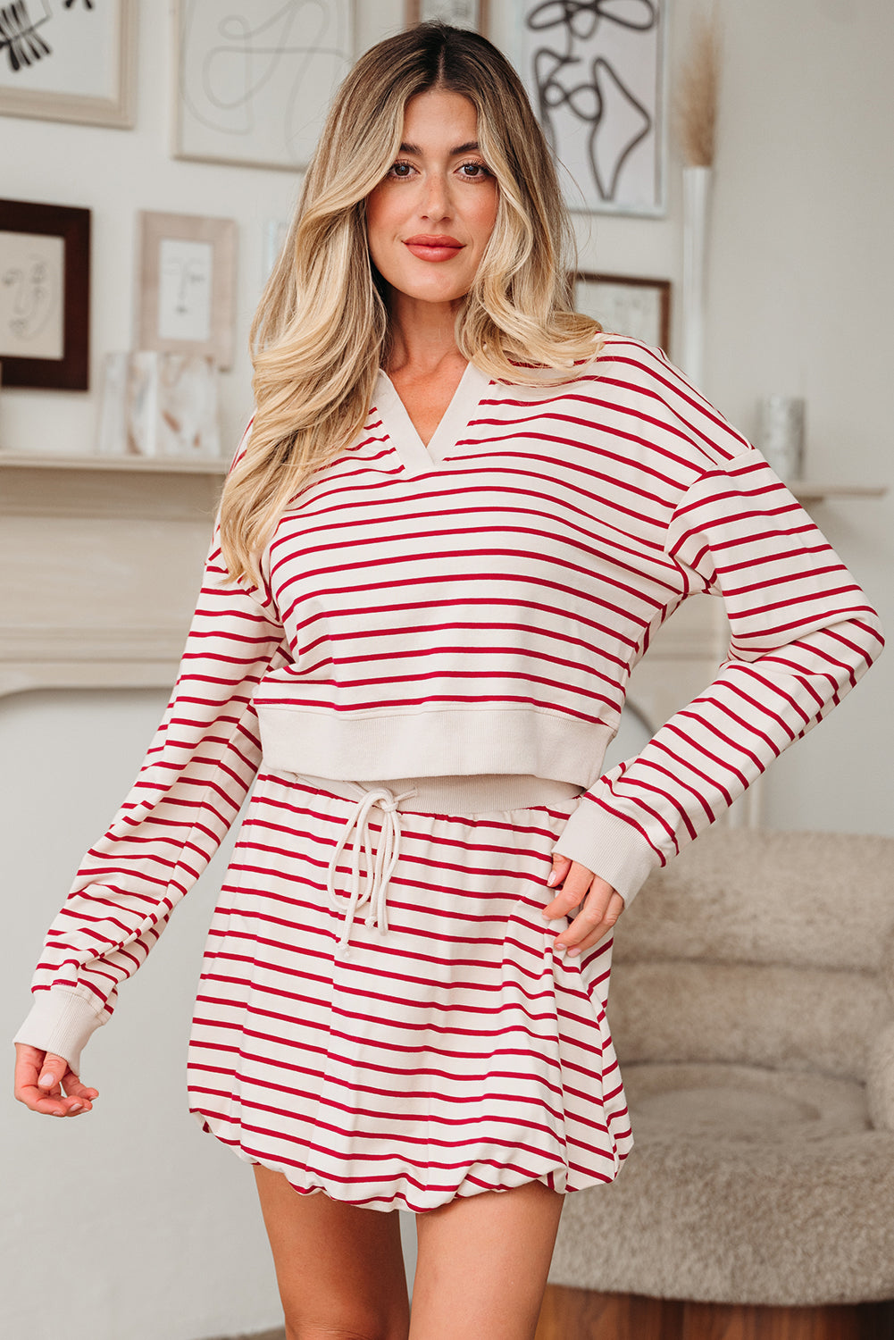 Stripe Cropped Pullover and Bubble Mini Skirt Set