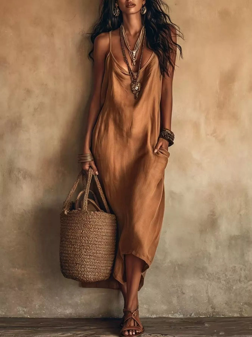 Full Size Spaghetti Strap Midi Dress with Pockets Plus Size