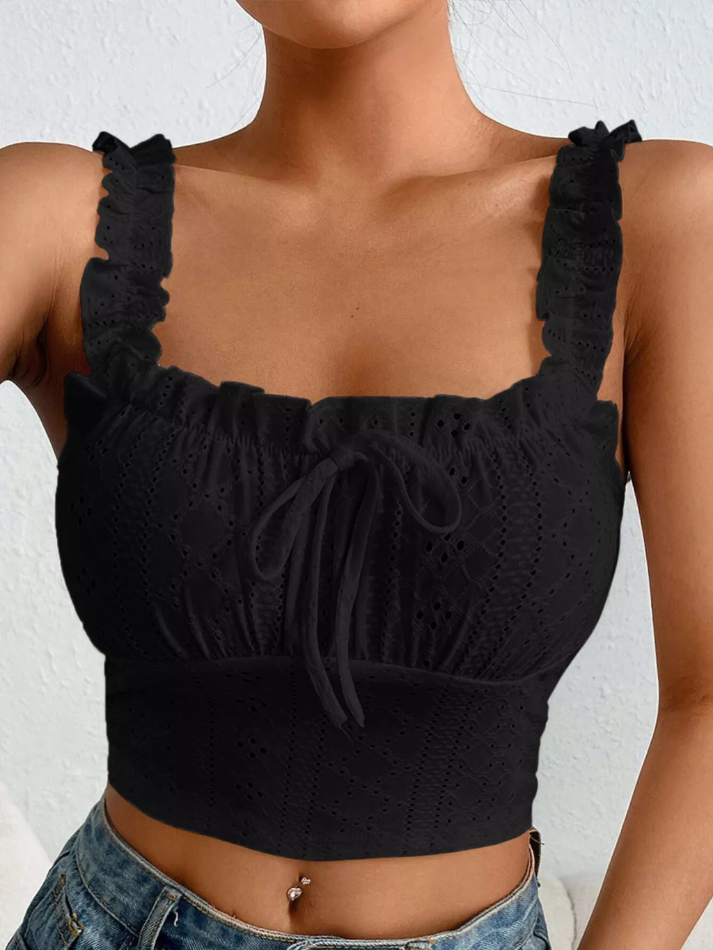 Eyelet Ruffle Strap Tie-Front Tank
