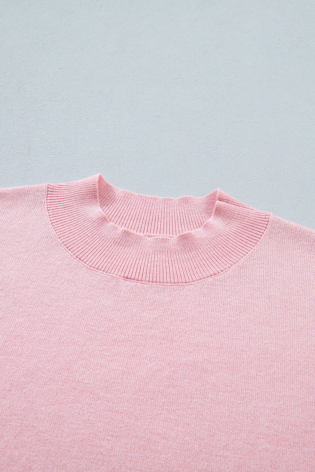 Pink Stand Neck Contrast Wavy Trim Short Sleeve Sweater