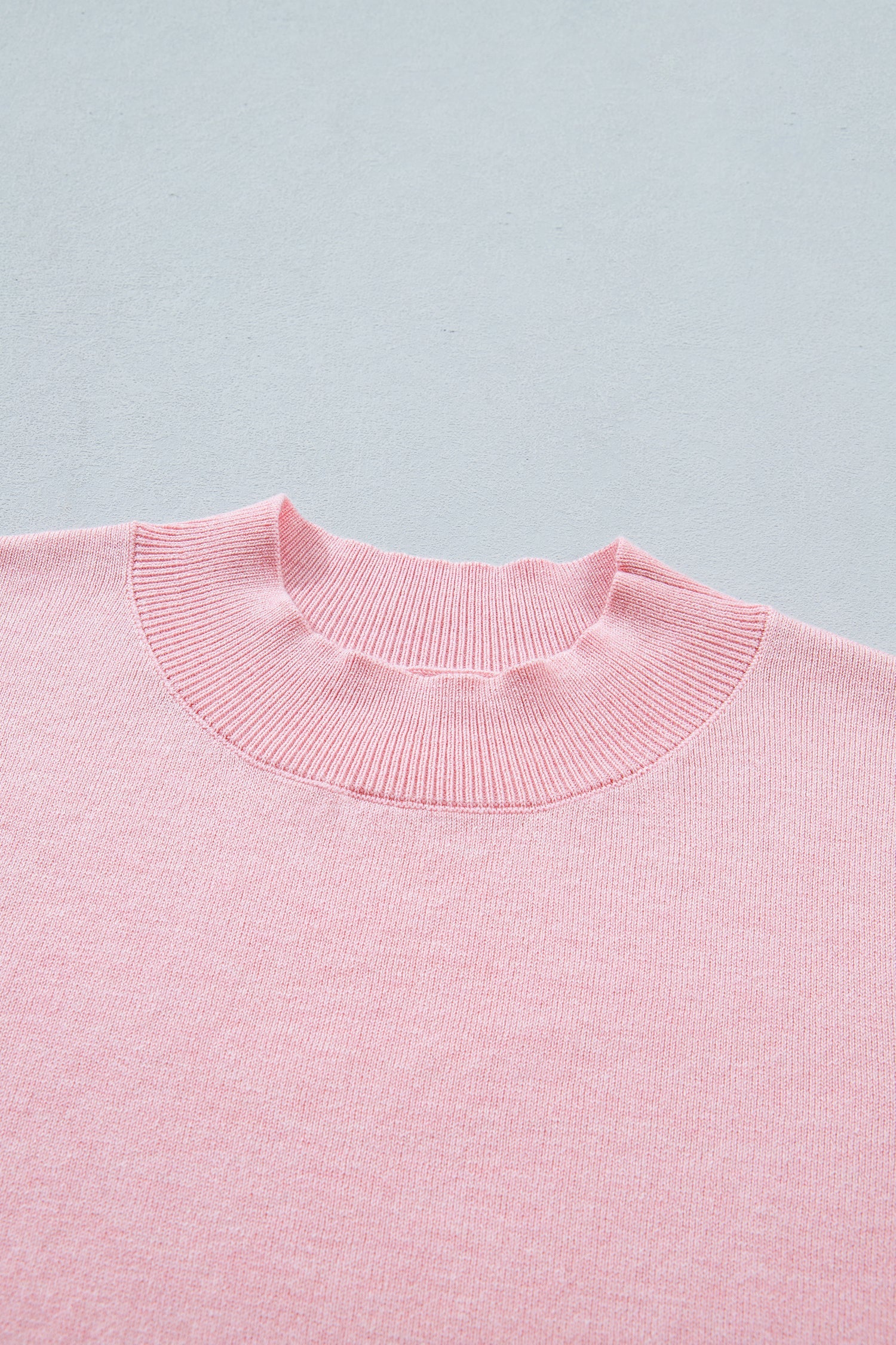 Pink Stand Neck Contrast Wavy Trim Short Sleeve Sweater