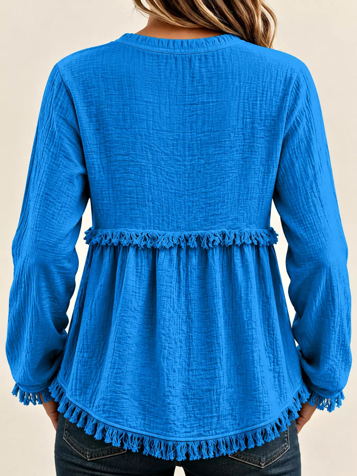 Full Size Frayed Hem Button Detail Blouse Plus Size