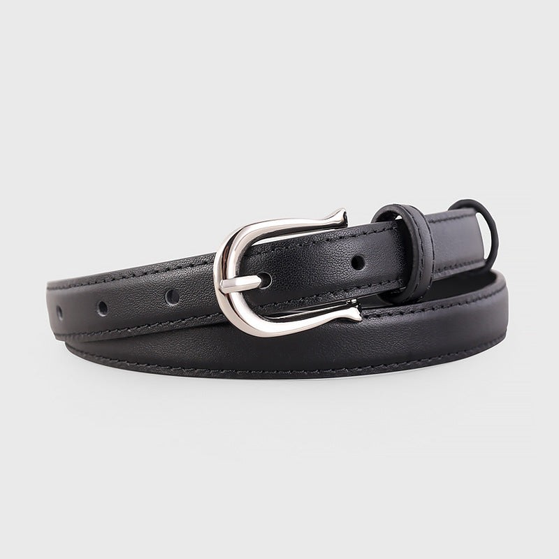 Leather Skinny Belt with Silver Buckle