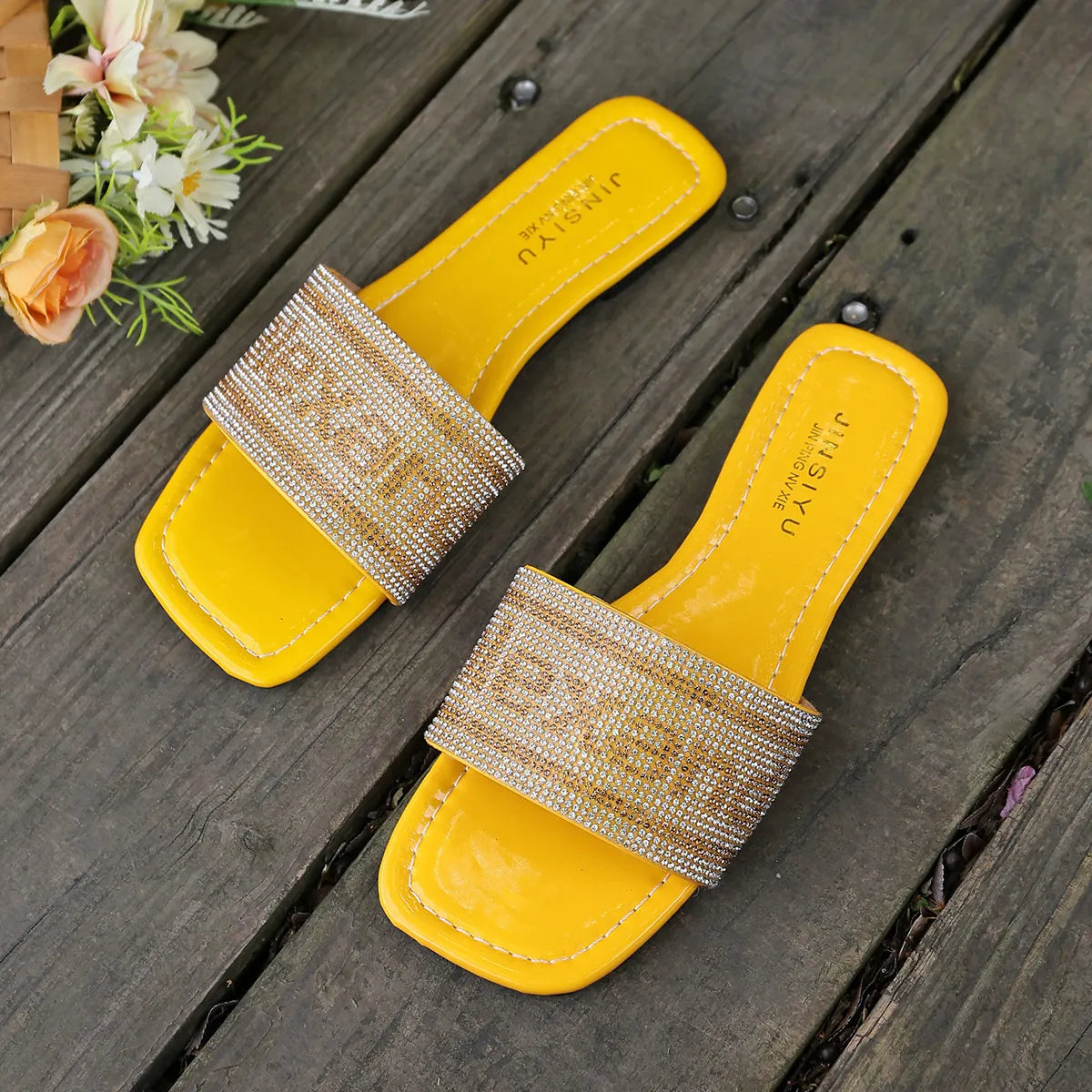 Rhinestone Open Toe Flats Sandals