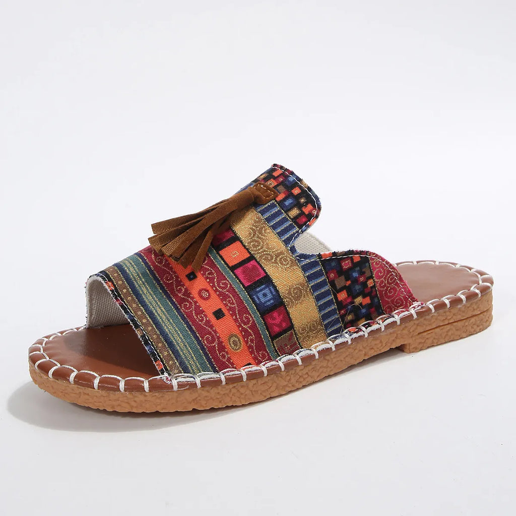 Printed Tassel Flat Sandals