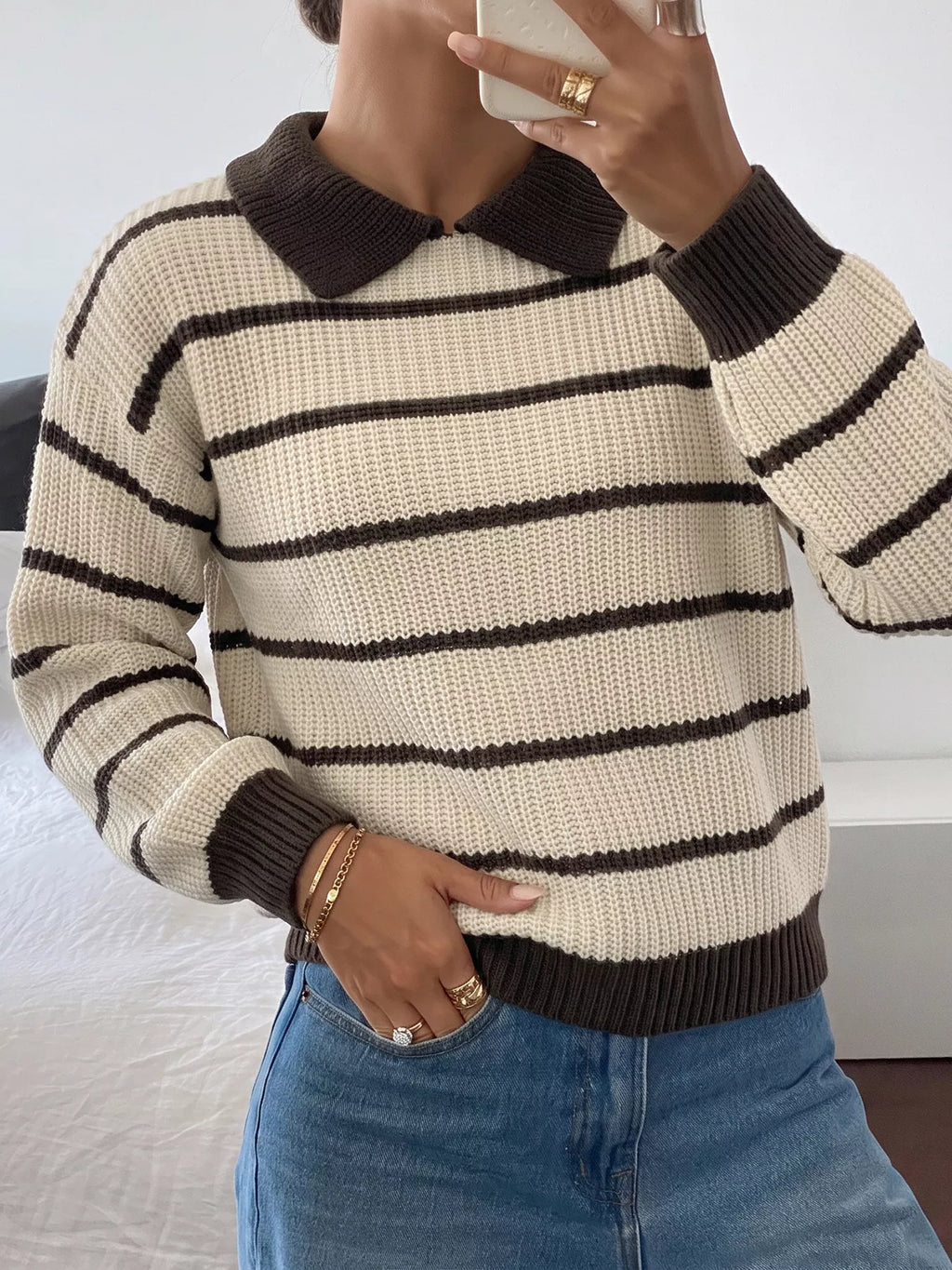 Striped Knit Polo Sweater
