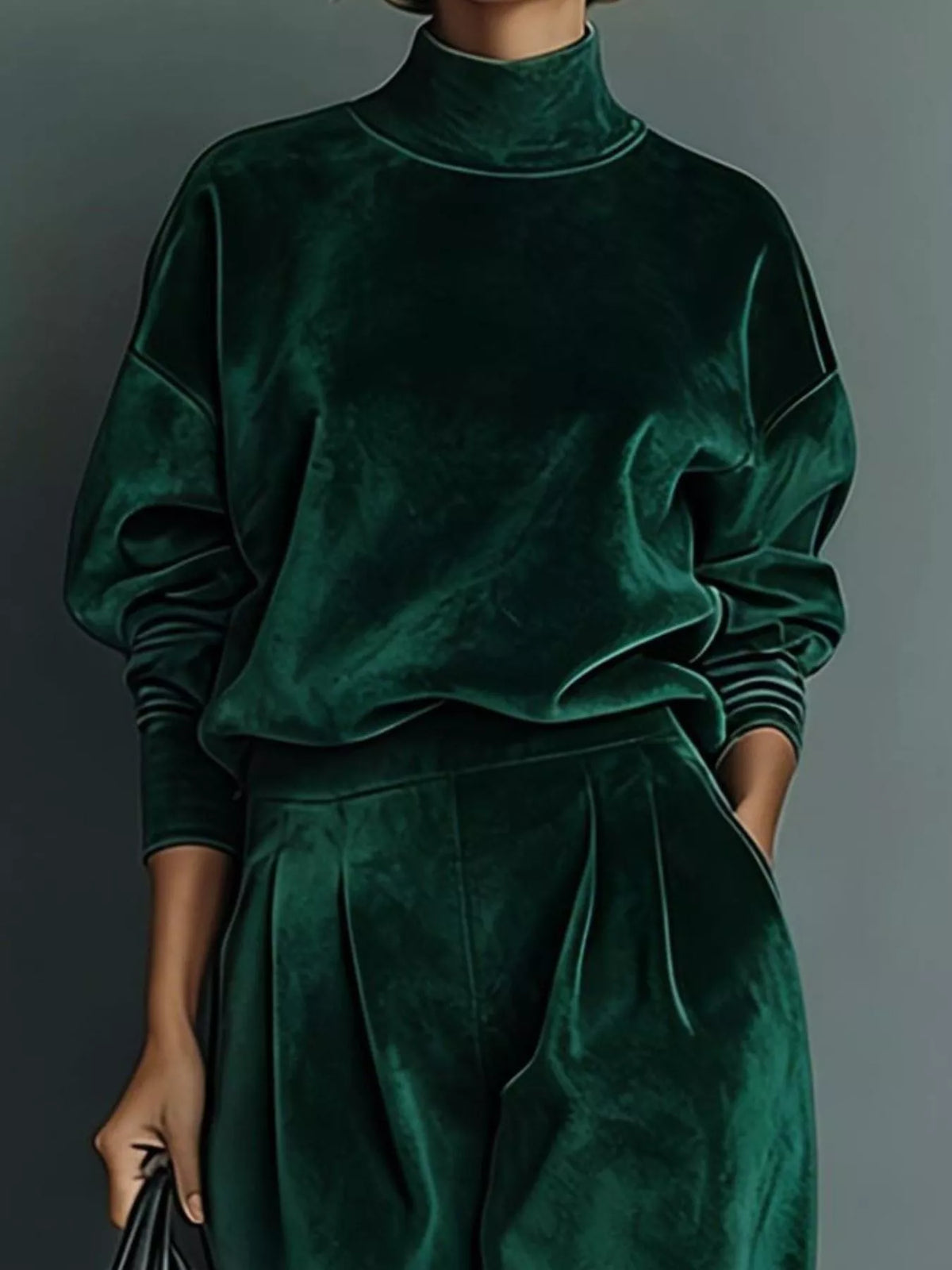 Full Size Elegant Velvet Mock Neck Long Sleeve Top and Wide-Leg Pants Set Plus Size