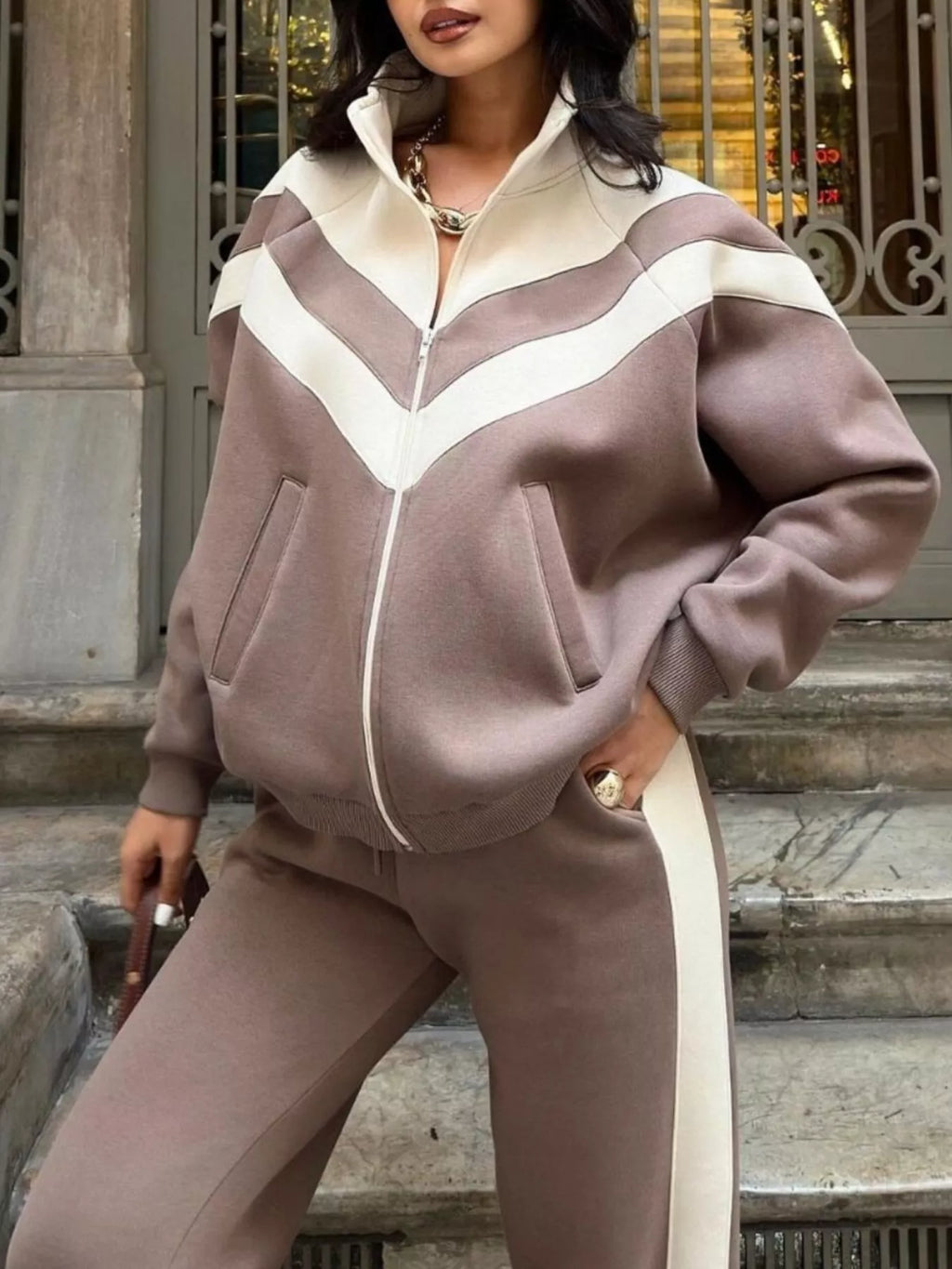 Color Block Zip-Up Outerwear and Pants Set