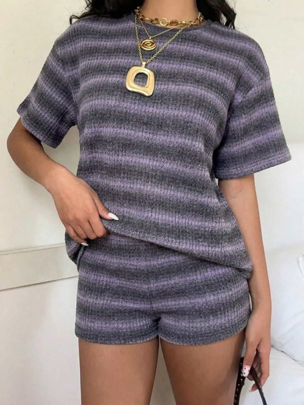 Striped Textured Knit Top and Shorts Set