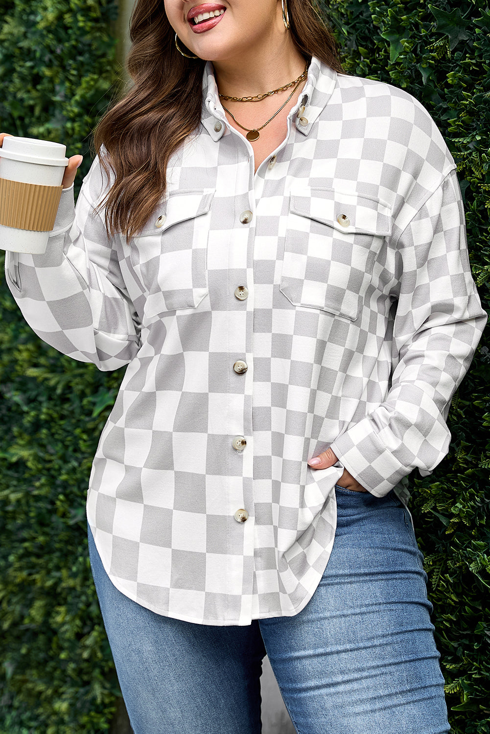 Plus Size Checker Button-Up Western Jacket