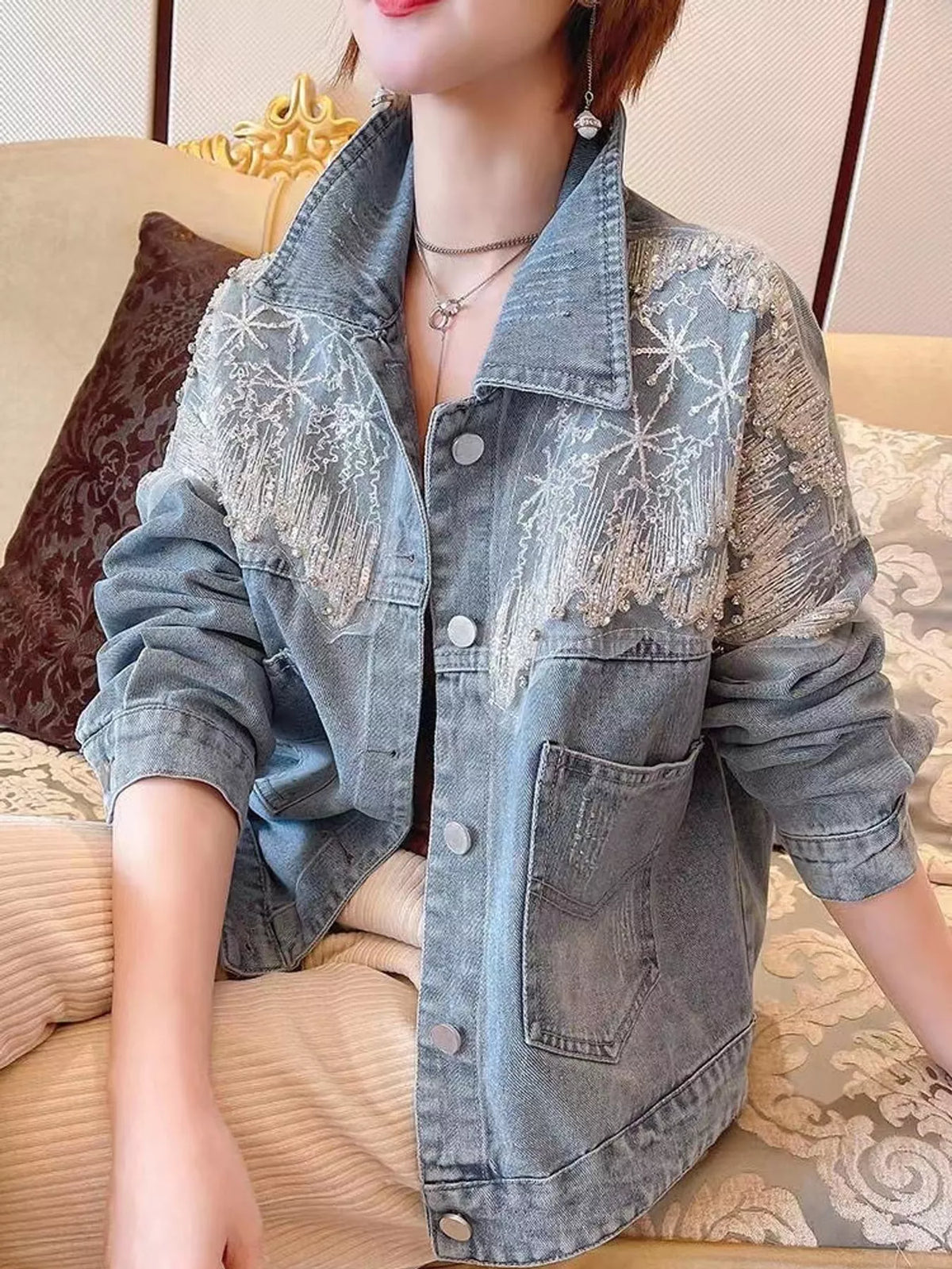 Embellished Rhinestone Snowflake Denim Jacket