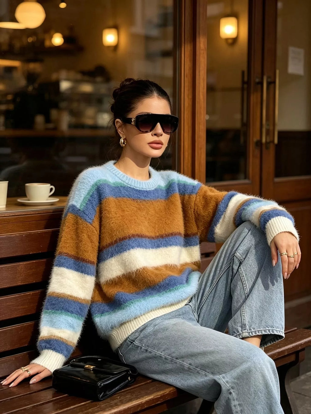 Fuzzy Striped Crew Neck Sweater