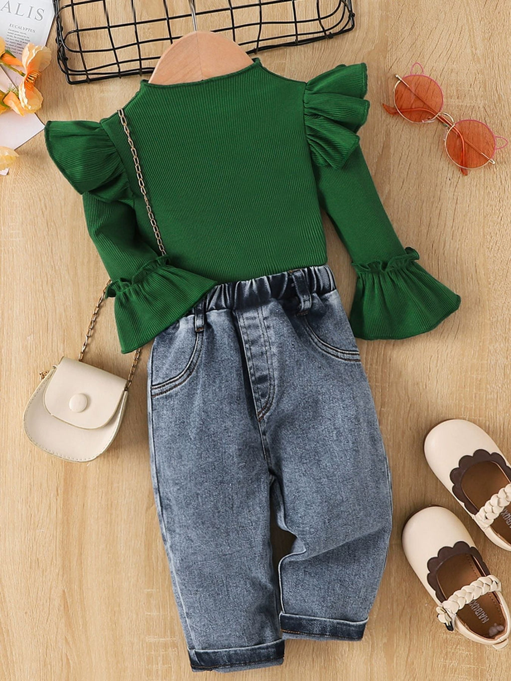 Children's Ruffle Trim Ribbed Top & Jeans Set