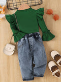 Children's Ruffle Trim Ribbed Top & Jeans Set