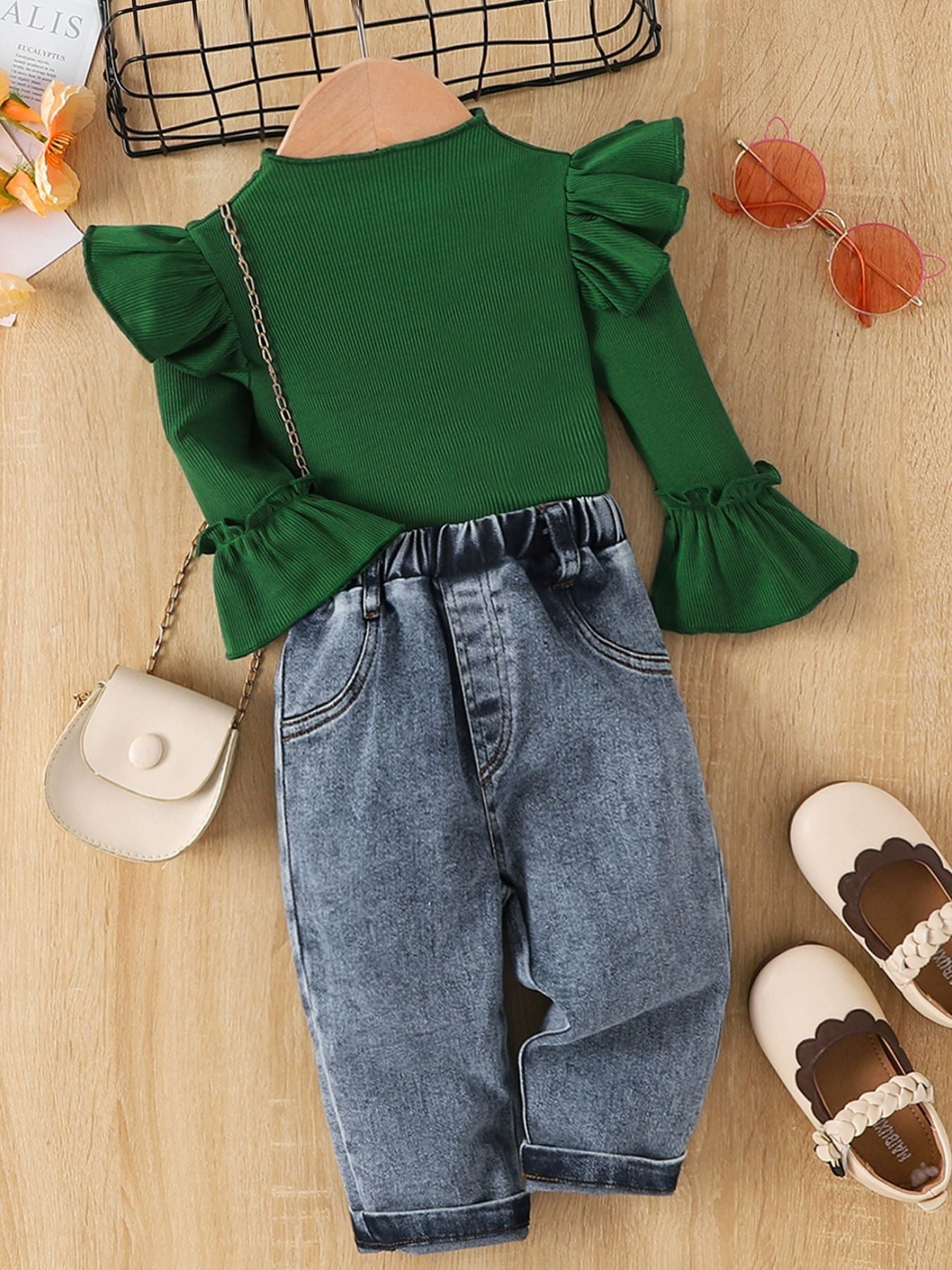 Children's Ruffle Trim Ribbed Top & Jeans Set