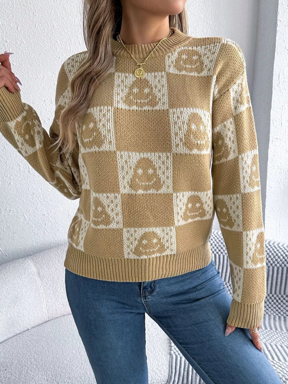 Halloween Ghost Pattern Checkered Round Neck Sweater