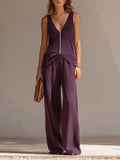 Full Size Zipper Front Tank and Wide-Leg Pants Set Plus Size