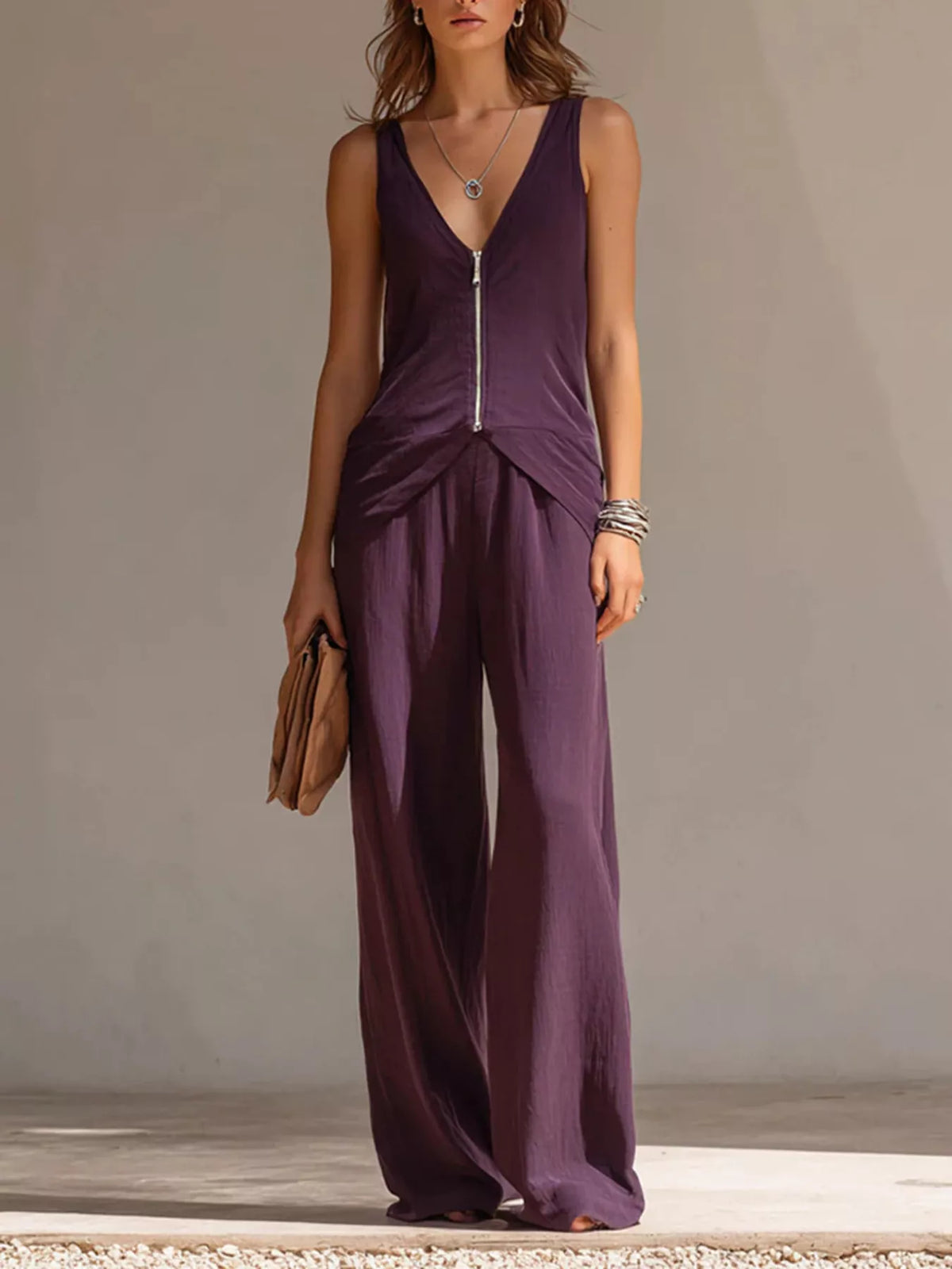 Full Size Zipper Front Tank and Wide-Leg Pants Set Plus Size